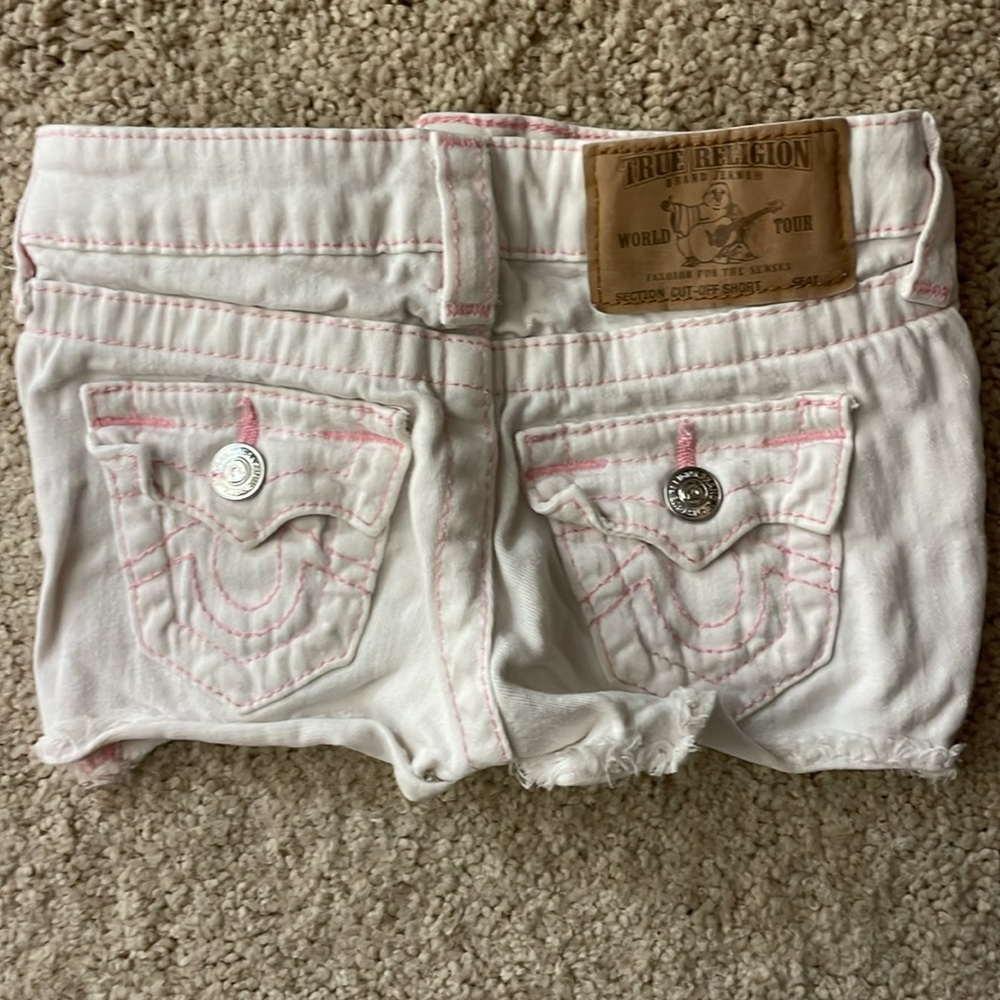 True Religion White Denim Shorts with Pink Accents